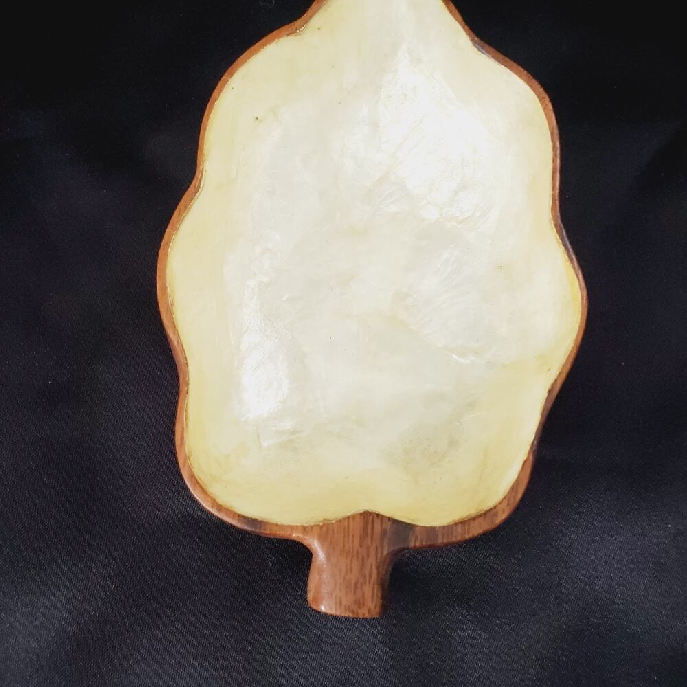 Vintage Monkey Pod Pear-Shaped Wood Bowl Capiz Shell Inlay Handcrafted Gorgeous - Picture 2 of 9